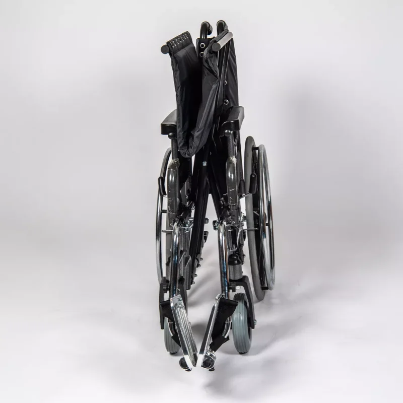 Folded bariatric wheelchair with black frame and large wheels.