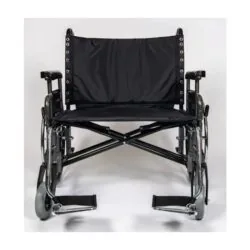 Front view of a black bariatric wheelchair with extra-wide seat.