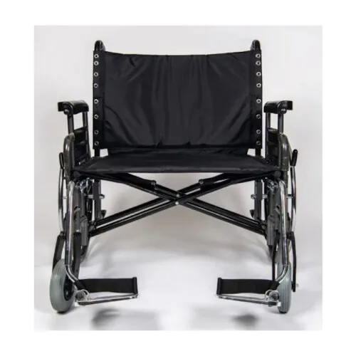 Front view of a black bariatric wheelchair with extra-wide seat.