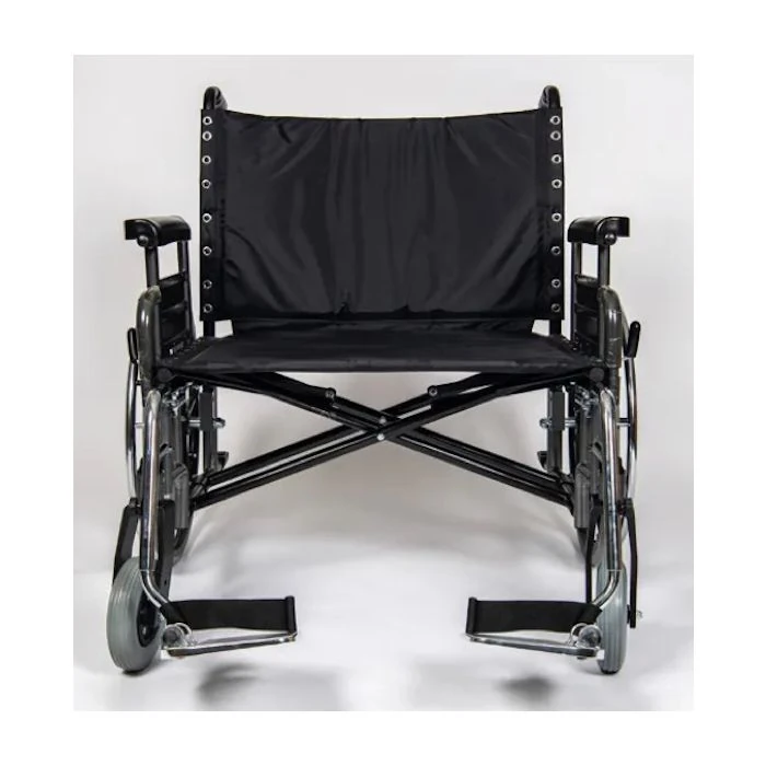 Front view of a black bariatric wheelchair with extra-wide seat.