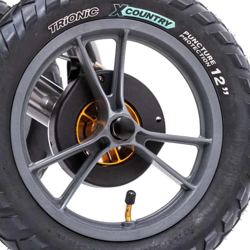 Close-up of Trionic X-Country 12-inch wheel with puncture protection.