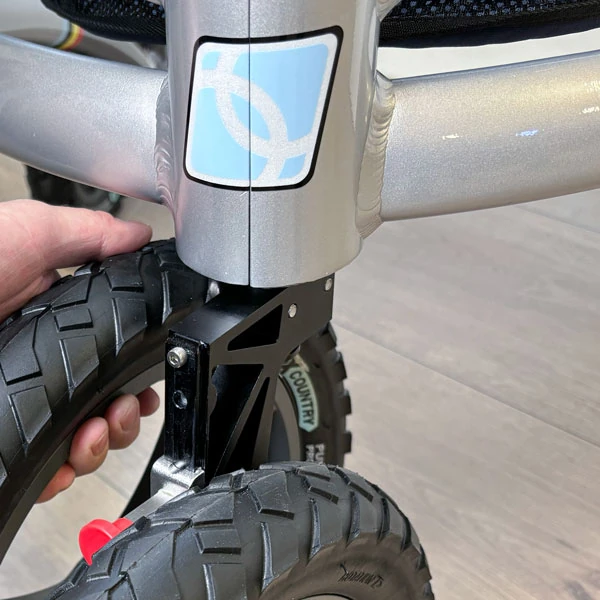 Close-up of Trionic Veloped Trek 14er wheel and frame.