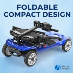 Folded blue mobility scooter with text 'Foldable Compact Design'.