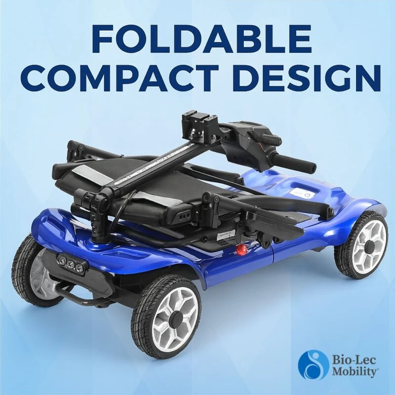 Folded blue mobility scooter with text 'Foldable Compact Design'.