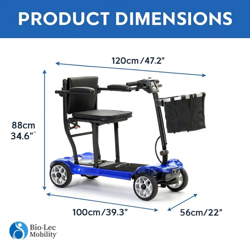 Foldable electric mobility scooter with seat and basket, showing dimensions.