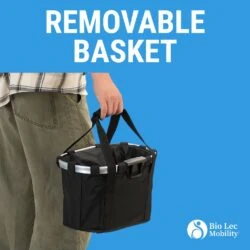 Person holding a removable black basket with handles.