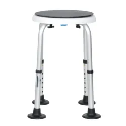 Adjustable shower stool with anti-slip feet and rotating seat.