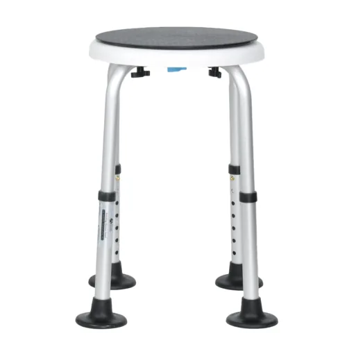 Adjustable shower stool with anti-slip feet and rotating seat.