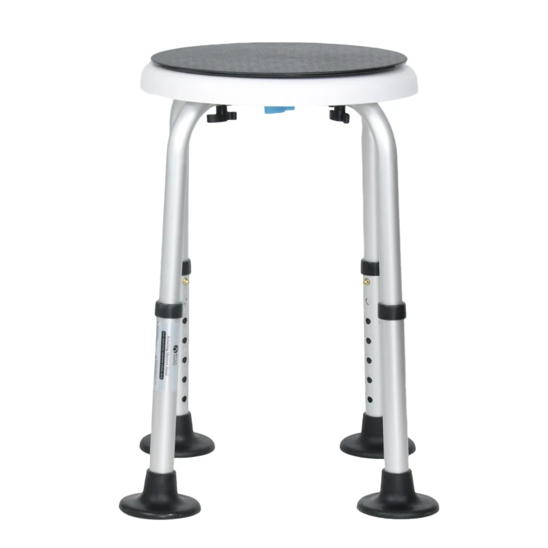 Adjustable shower stool with anti-slip feet and rotating seat.