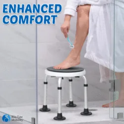 Person using a 360° rotating shower stool in a bathroom.