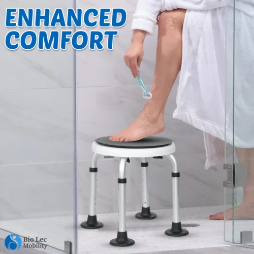 Person using a 360° rotating shower stool in a bathroom.