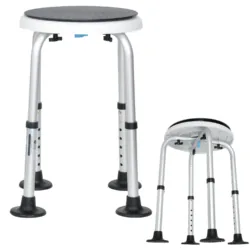 360° rotating shower stool with adjustable legs and anti-slip feet.