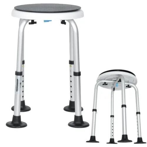 360° rotating shower stool with adjustable legs and anti-slip feet.
