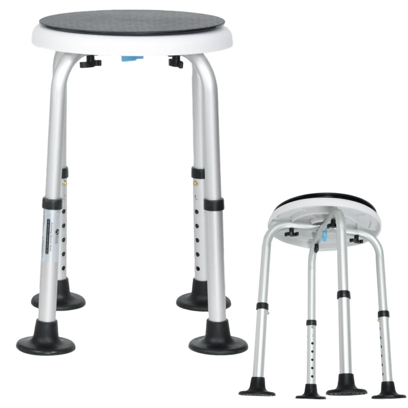 360° rotating shower stool with adjustable legs and anti-slip feet.