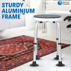 Shower stool with sturdy aluminum frame and anti-slip feet in a bathroom.