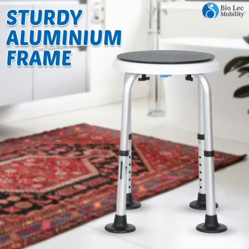 Shower stool with sturdy aluminum frame and anti-slip feet in a bathroom.