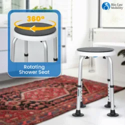 360° rotating shower stool with aluminum legs and anti-slip feet in a bathroom.