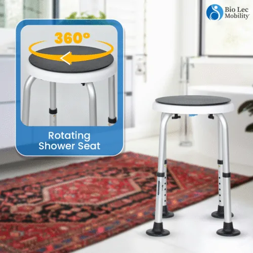 360° rotating shower stool with aluminum legs and anti-slip feet in a bathroom.