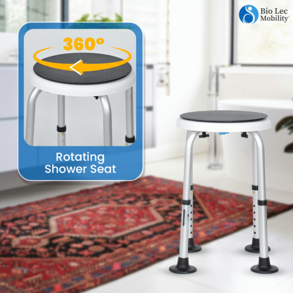 bio-lec mobility rotating shower stool, 360° rotating shower stool, bath stool for elderly UK, swivel shower seat for disabled, height adjustable shower stool, anti-slip shower chair, bathroom aid for seniors, shower seat for limited mobility, portable shower chair, medical bath stool UK, non-slip bath seat, disability bathroom aid, shower stool for adults with mobility issues, rotating bath seat UK, lightweight shower stool for elderly