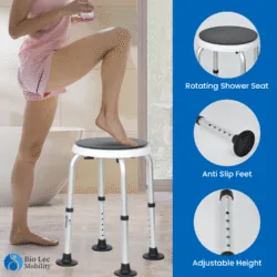 Shower stool with rotating seat and anti-slip feet in a bathroom setting.