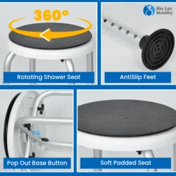 Collage showing rotating shower seat, anti-slip feet, pop out base button, and soft padded seat.