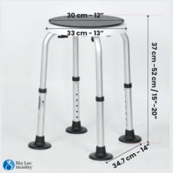 Height adjustable rotating shower stool with anti-slip feet.