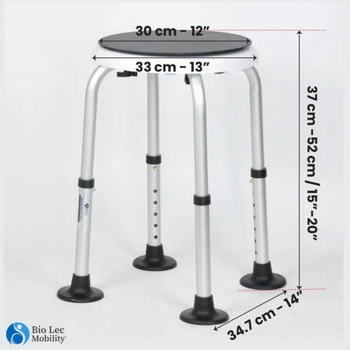 Height adjustable rotating shower stool with anti-slip feet.