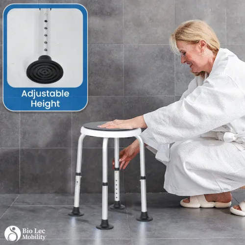 Person adjusting the height of a rotating shower stool with anti-slip feet.