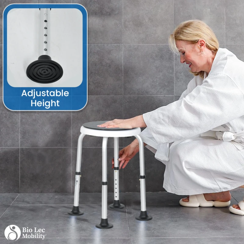 Person adjusting the height of a rotating shower stool with anti-slip feet.