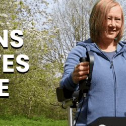 Person using MobiWalk Upright Walker outdoors with text 'Maintains & Improves Posture'.