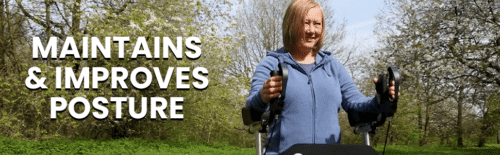 Person using MobiWalk Upright Walker outdoors with text 'Maintains & Improves Posture'.