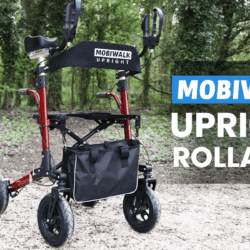 MobiWalk Upright Walker with pneumatic wheels in a forest setting.