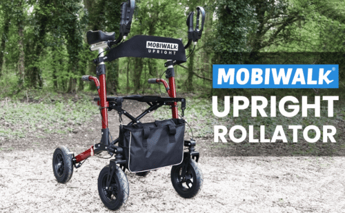 MobiWalk Upright Walker with pneumatic wheels in a forest setting.