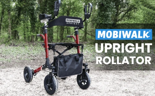 MobiWalk Upright Walker with pneumatic wheels in a forest setting.