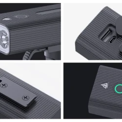 Close-up views of a rechargeable light with USB ports and power button.