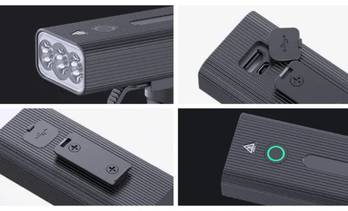 Close-up views of a rechargeable light with USB ports and power button.
