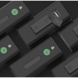 Five black rechargeable light units with USB ports and green indicators.