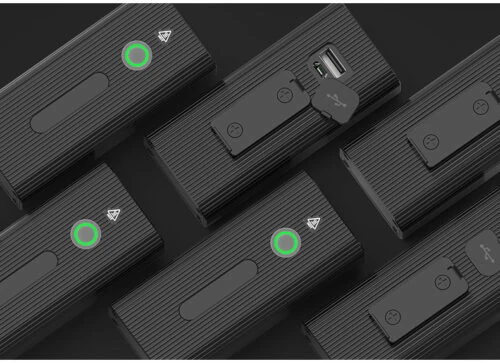 Five black rechargeable light units with USB ports and green indicators.