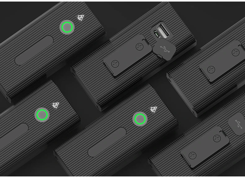 Five black rechargeable light units with USB ports and green indicators.