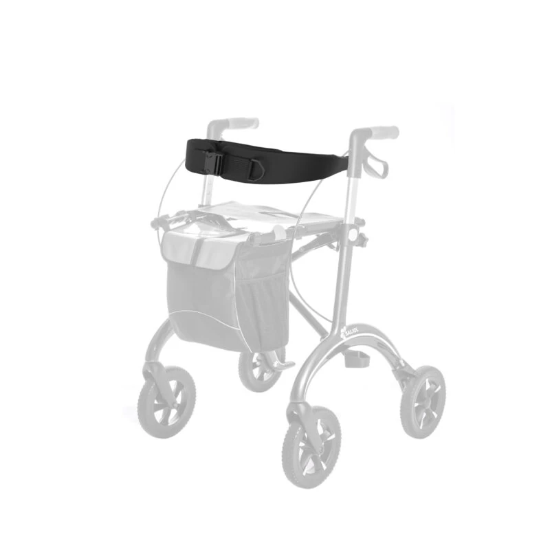 Black backrest accessory attached to a rollator.