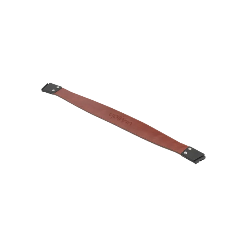 Brown leather backrest with black metal ends, branded 'uplivin'.