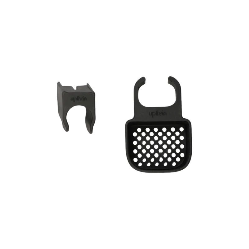 Two black Uplivin rollator accessories on a white background.