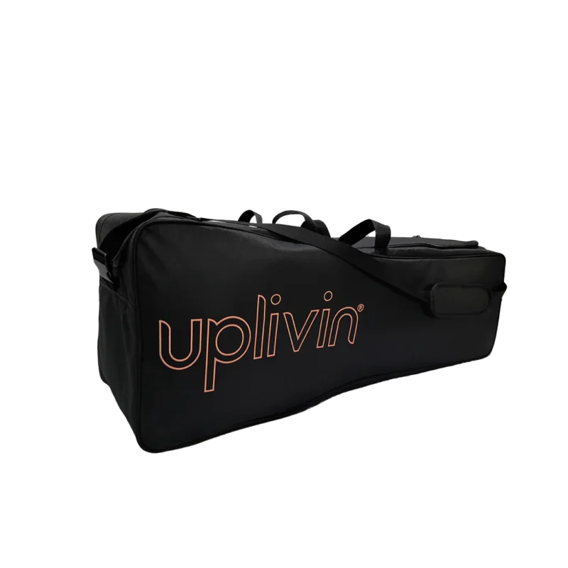 Black Uplivin travel bag with orange logo.