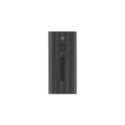 Rectangular black rechargeable light with textured surface and button.