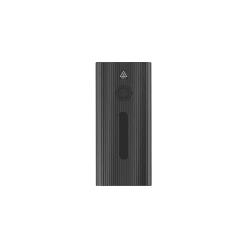 Rectangular black rechargeable light with textured surface and button.