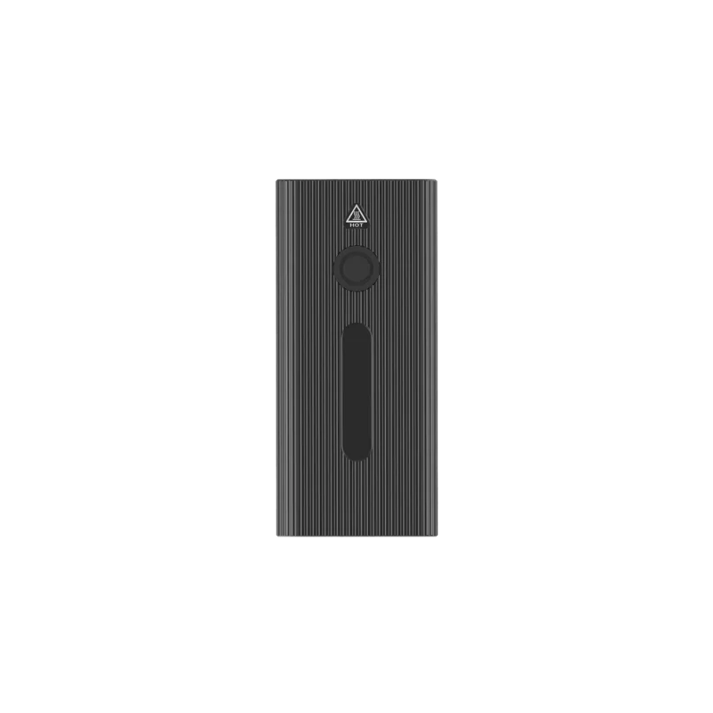 Rectangular black rechargeable light with textured surface and button.