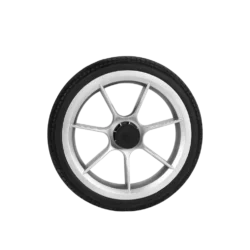 Single rollator wheel with silver spokes and black tire.