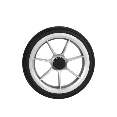 Single rollator wheel with silver spokes and black tire.