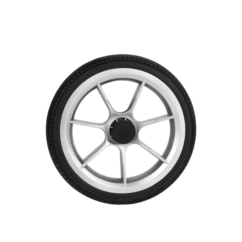 Single rollator wheel with silver spokes and black tire.