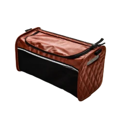 Brown quilted travel bag with mesh sides and zipper.